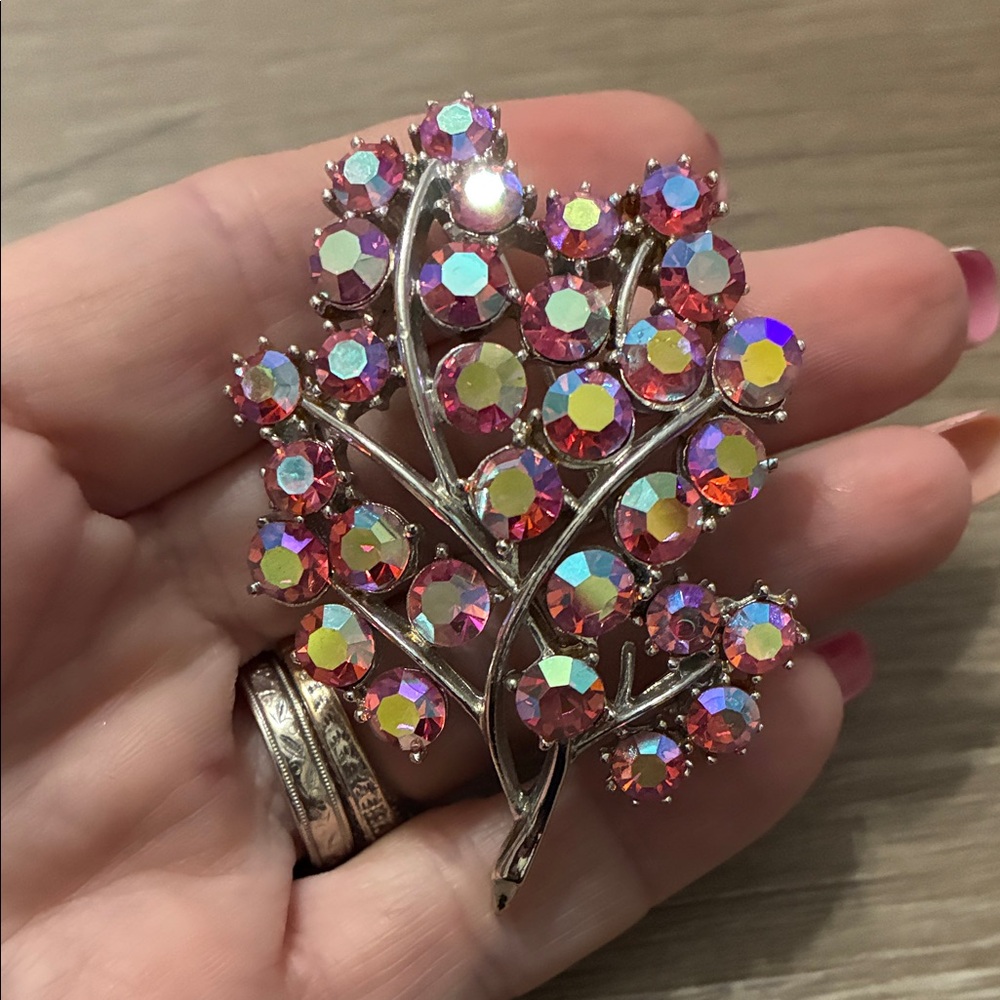 Elegant Silver and Pink Crystal Brooch  Coro brand Vintage